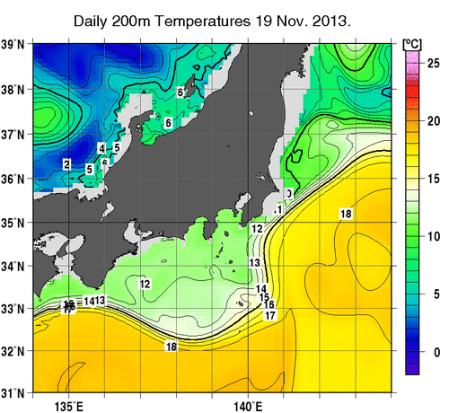 関東・東海・北陸周辺海域の深さ200mの水温分布図（11月19日）