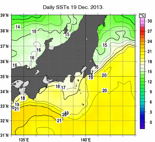 関東・東海・北陸周辺海域の海面水温分布図（12月19日）