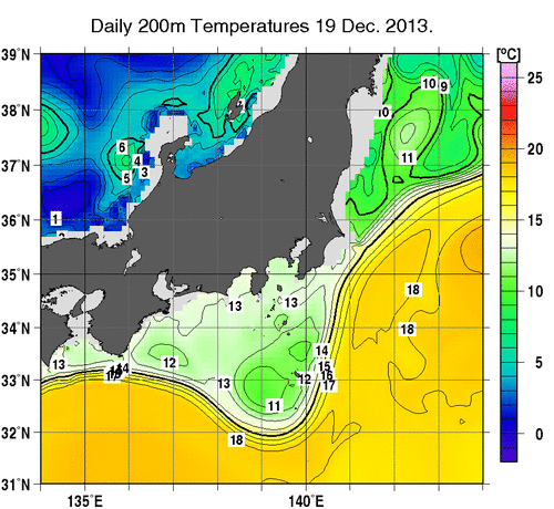 関東・東海・北陸周辺海域の深さ200mの水温分布図（12月19日）