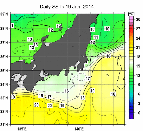 関東・東海・北陸周辺海域の海面水温分布図（1月19日）