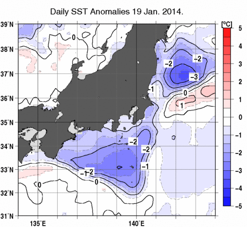 関東・東海・北陸周辺海域の海面水温平年差分布図（1月19日）