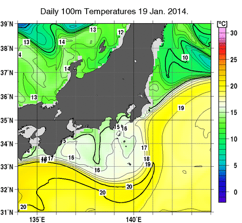 関東・東海・北陸周辺海域の深さ100mの水温分布図（1月19日）