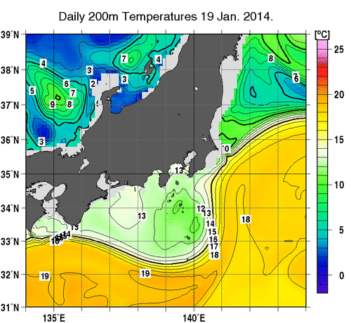 関東・東海・北陸周辺海域の深さ200mの水温分布図（1月19日）