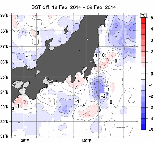関東・東海・北陸周辺海域の10日間の海面水温変化量分布図（2月19日）