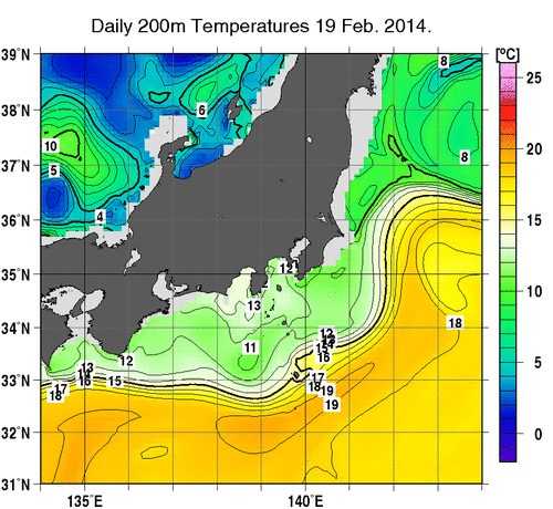 関東・東海・北陸周辺海域の深さ200mの水温分布図（2月19日）