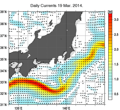関東・東海・北陸周辺海域の深さ50mの海流分布図（3月19日）