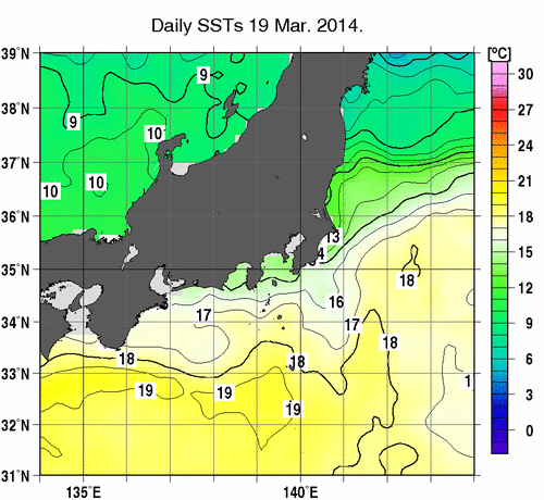 関東・東海・北陸周辺海域の海面水温分布図（3月19日）