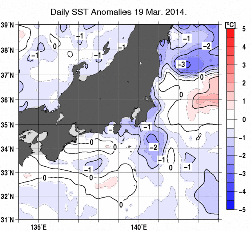 関東・東海・北陸周辺海域の海面水温平年差分布図（3月19日）