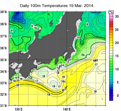 関東・東海・北陸周辺海域の深さ100mの水温分布図（3月19日）