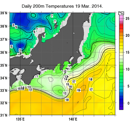 関東・東海・北陸周辺海域の深さ200mの水温分布図（3月19日）