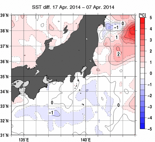 関東・東海・北陸周辺海域の10日間の海面水温変化量分布図（4月17日）