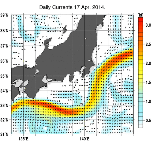 関東・東海・北陸周辺海域の深さ50mの海流分布図（4月17日）