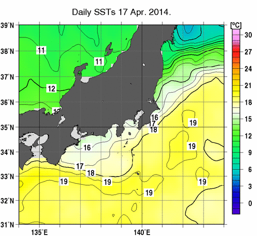 関東・東海・北陸周辺海域の海面水温分布図（4月17日）