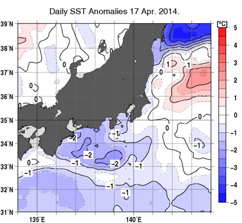 関東・東海・北陸周辺海域の海面水温平年差分布図（4月17日）
