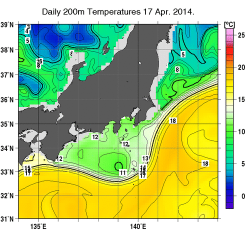 関東・東海・北陸周辺海域の深さ200mの水温分布図（4月17日）