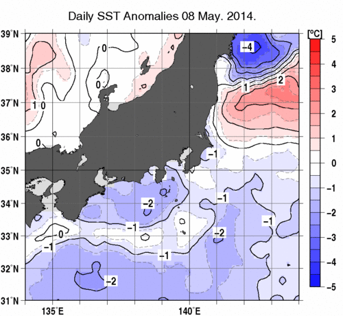 関東・東海・北陸周辺海域の海面水温平年差分布図（5月8日）