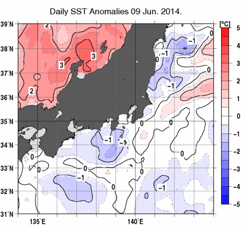関東・東海・北陸周辺海域の海面水温平年差分布図（6月9日）