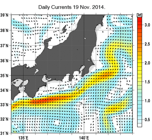 関東・東海・北陸周辺海域の深さ50mの海流分布図（11月19日）