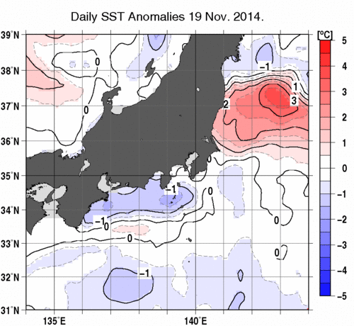 関東・東海・北陸周辺海域の海面水温平年差分布図（11月19日）