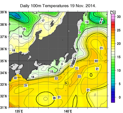 関東・東海・北陸周辺海域の深さ100mの水温分布図（11月19日）