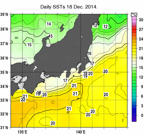 関東・東海・北陸周辺海域の海面水温分布図（12月18日）