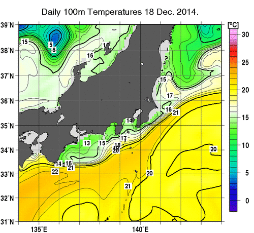 関東・東海・北陸周辺海域の深さ100mの水温分布図（12月18日）