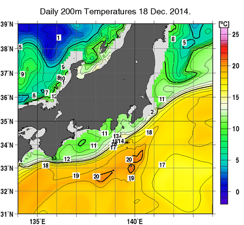 関東・東海・北陸周辺海域の深さ200mの水温分布図（12月18日）
