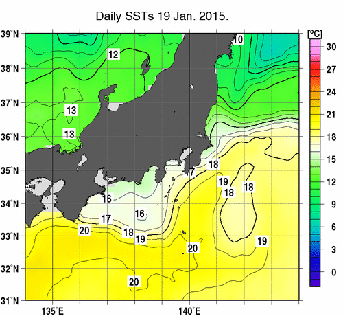 関東・東海・北陸周辺海域の海面水温分布図（1月19日）