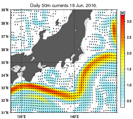 関東・東海・北陸周辺海域の深さ50mの海流分布図（6月19日）