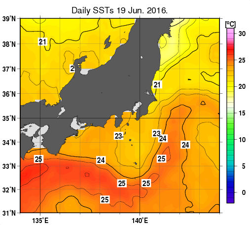 関東・東海・北陸周辺海域の海面水温分布図（6月19日）