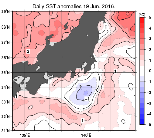 関東・東海・北陸周辺海域の海面水温平年差分布図（6月19日）