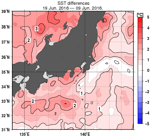関東・東海・北陸周辺海域の10日間の海面水温変化量分布図（6月19日）