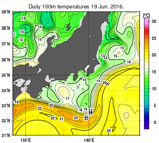 関東・東海・北陸周辺海域の深さ100mの水温分布図（6月19日）