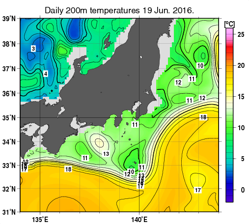 関東・東海・北陸周辺海域の深さ200mの水温分布図（6月19日）