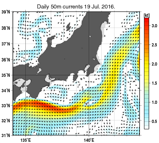 関東・東海・北陸周辺海域の深さ50mの海流分布図（7月19日）