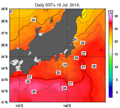 関東・東海・北陸周辺海域の海面水温分布図（7月19日）