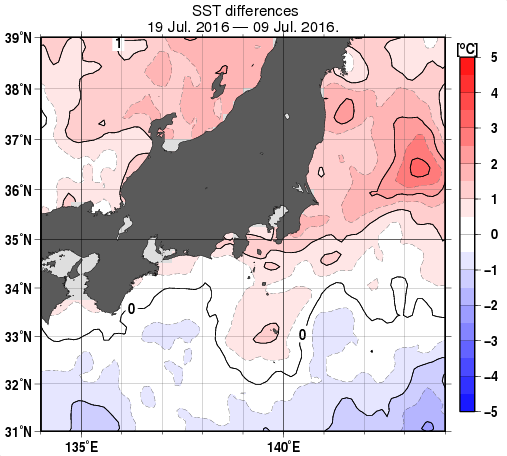 関東・東海・北陸周辺海域の10日間の海面水温変化量分布図（7月19日）