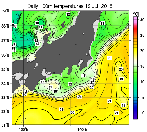 関東・東海・北陸周辺海域の深さ100mの水温分布図（7月19日）
