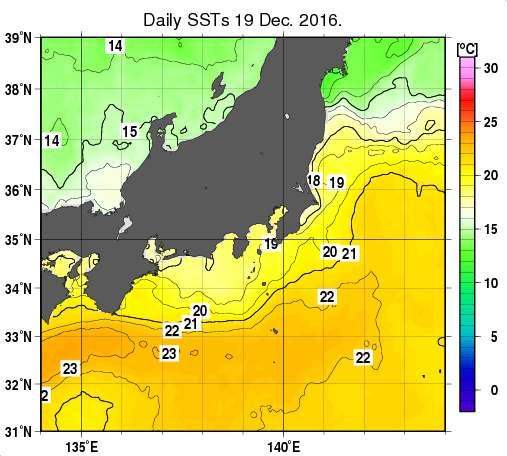 関東・東海・北陸周辺海域の海面水温分布図（12月19日）