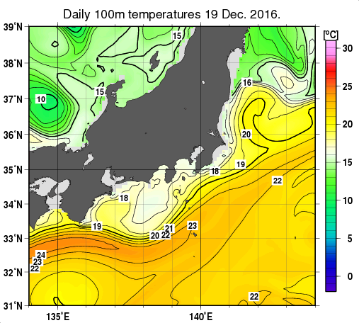関東・東海・北陸周辺海域の深さ100mの水温分布図（12月19日）