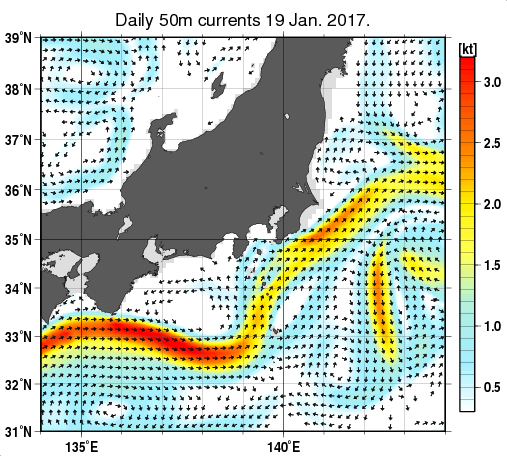 関東・東海・北陸周辺海域の深さ50mの海流分布図（1月19日）