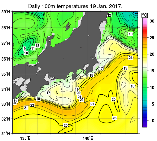 関東・東海・北陸周辺海域の深さ100mの水温分布図（1月19日）