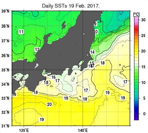 関東・東海・北陸周辺海域の海面水温分布図（2月19日）