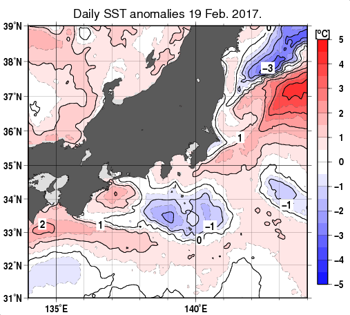 関東・東海・北陸周辺海域の海面水温平年差分布図（2月19日）