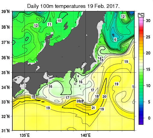 関東・東海・北陸周辺海域の深さ100mの水温分布図（2月19日）