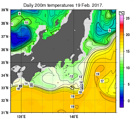 関東・東海・北陸周辺海域の深さ200mの水温分布図（2月19日）