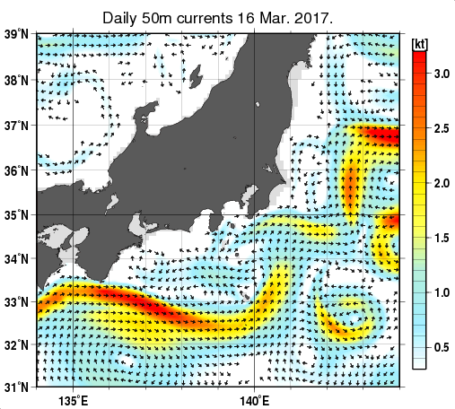 関東・東海・北陸周辺海域の深さ50mの海流分布図（3月16日）
