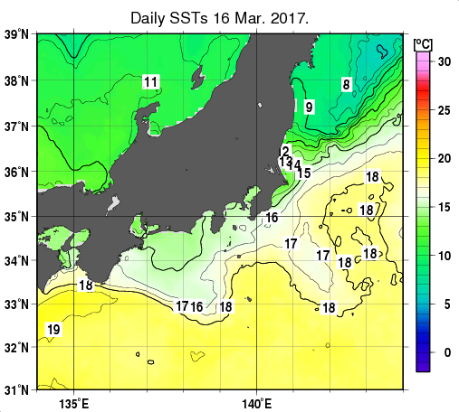 関東・東海・北陸周辺海域の海面水温分布図（3月16日）