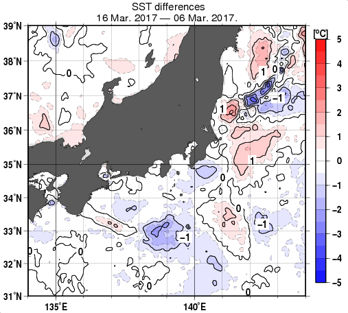 関東・東海・北陸周辺海域の10日間の海面水温変化量分布図（3月16日）