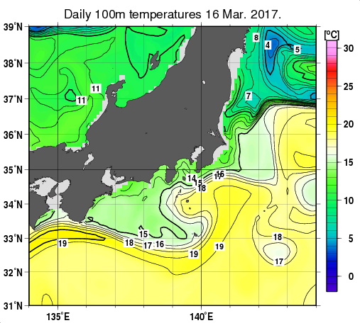 関東・東海・北陸周辺海域の深さ100mの水温分布図（3月16日）